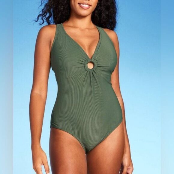 Neat Shade & Shore Women’s Green One Piece Swimsuit Ring Detail Plunge Front - S - Picture 1 of 9